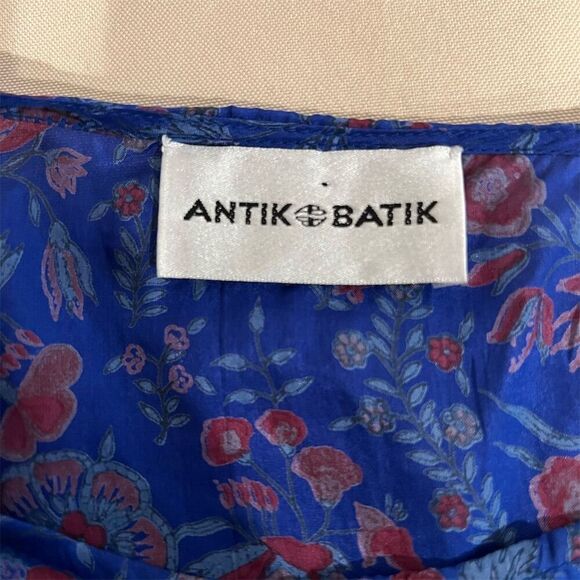 Anthropologie Antik Batik Blue Floral Silk Ruffle Cap Sleeve Blouse Size Small - Picture 9 of 15